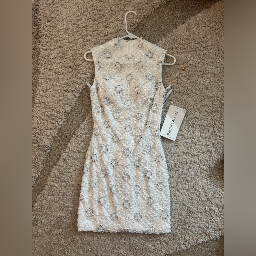Rachel Allan White Beaded Dress Mock Neck Sleeveless Style L1020